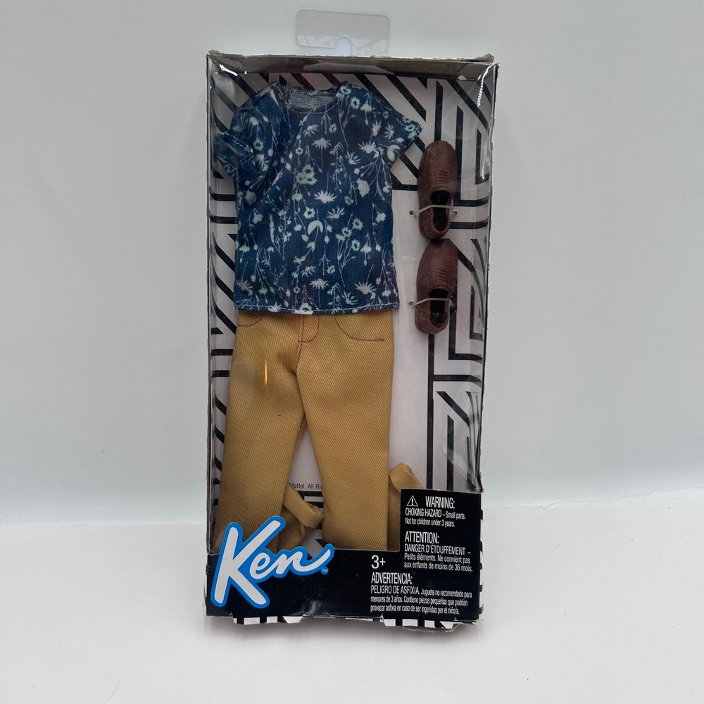 Mattel Ken Fashionista Doll Outfit Blue Floral Shirt Tan Pants Brown Shoes FKT46